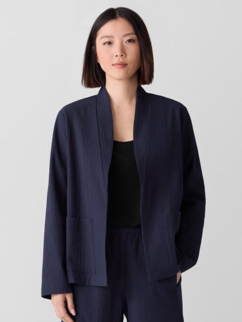 Eileen Fisher Crinkled Pucker Organic Cotton Jacket Navy Blue Size Medium